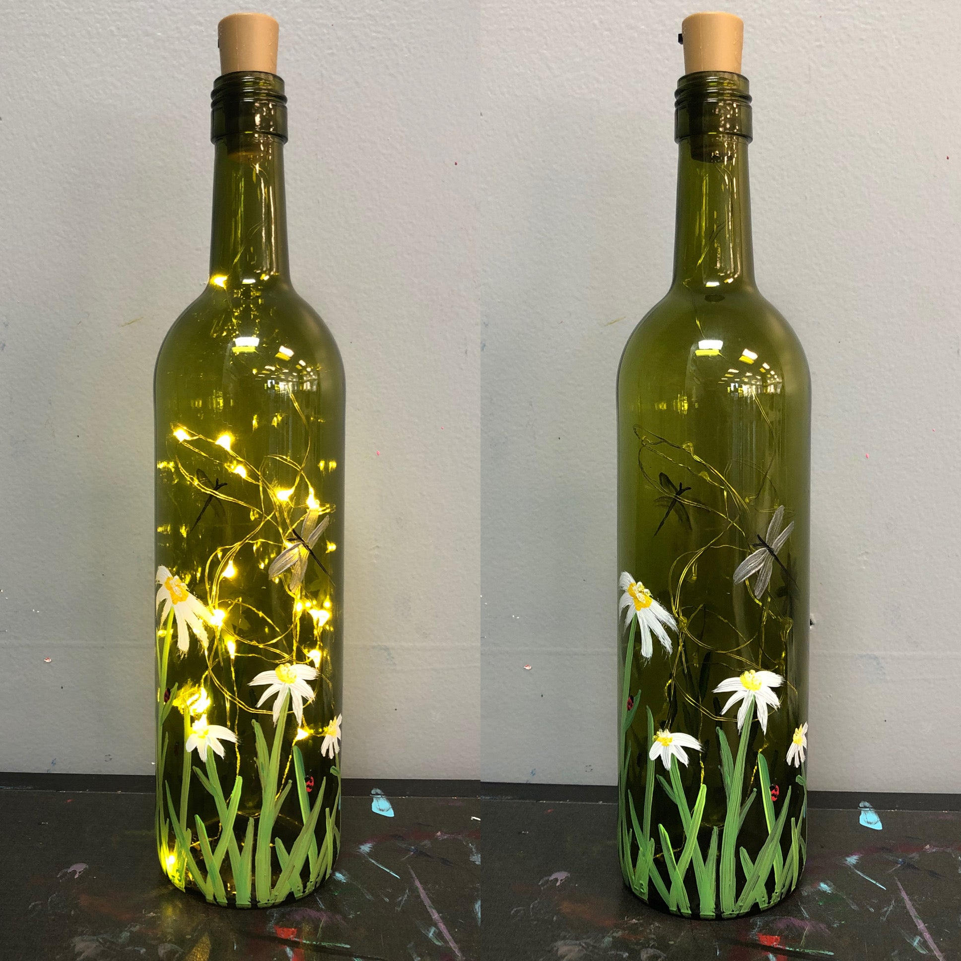 green wine bottle painting